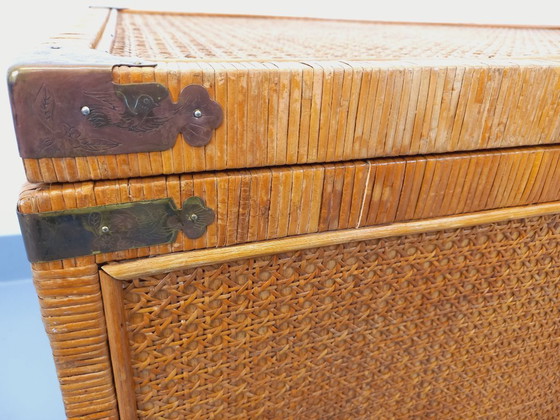 Image 1 of Baule vintage in legno, rattan, paglia e ottone