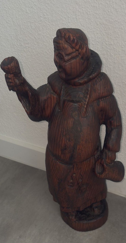 Hand carved antique wooden figure 50cm drinking monk folk art
