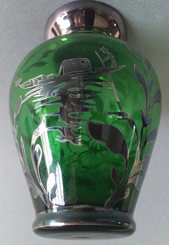 Image 1 of Antique green glass vase with silver print