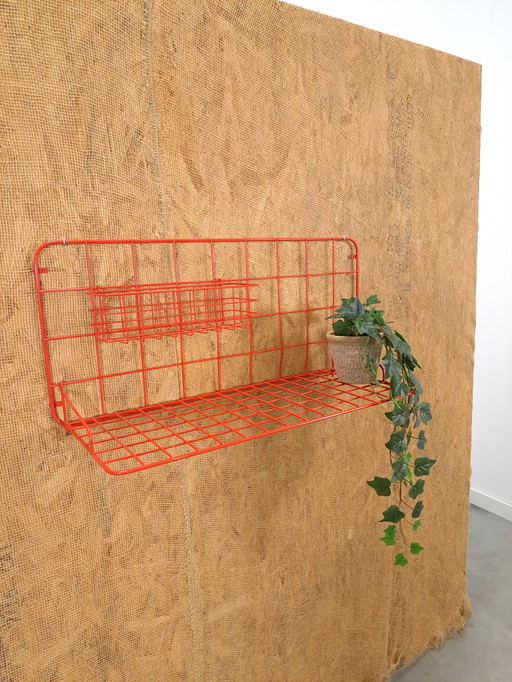 Red Metal Wall Rack With Shelf And Basket Vintage