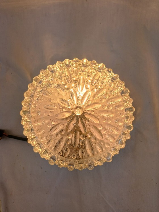 Image 1 of Vintage Glashütte Limburg 1960s Pressed Glass Ceiling Light - Textured Clear Glass Flush Mount Wall Sconce German Mid-Century