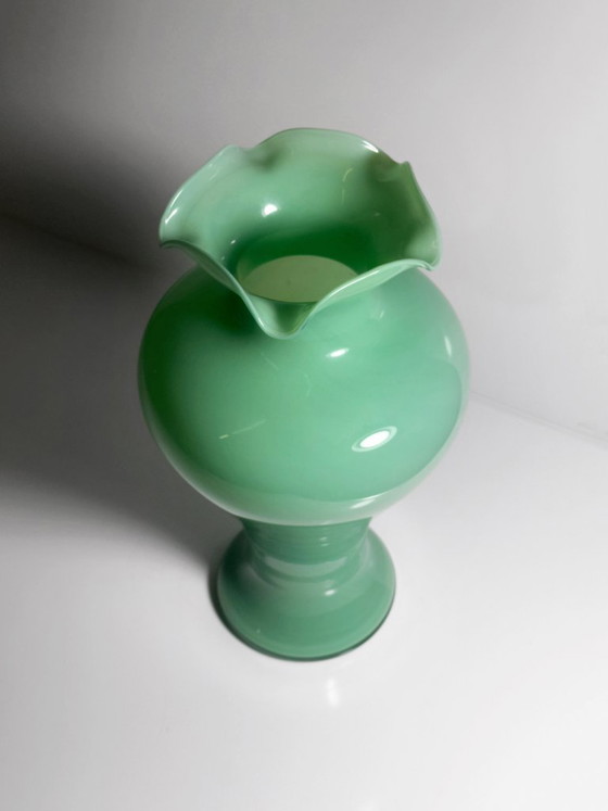 Image 1 of Vintage Murano Vase Jade Grün Milch Opal Glas 50er Mid Century  Mint Türkis Barovier Toso Tonelli Lattimo Filigrana