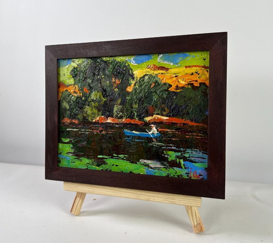 Image 1 of Original Oil Painting Summer River Landscape Willows bent over the silence