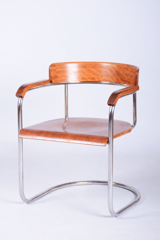 Restaurierter Bauhaus Sessel, von H. Gottwald, Buche, Nussbaum, Chrom, Tschechisch, 1930er Jahre