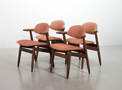 Authentic Cowhorn Tijsseling Dining Chairs with Wenge Wood Frame and Stone Red Upholstery by Hulmefa - Set of 4