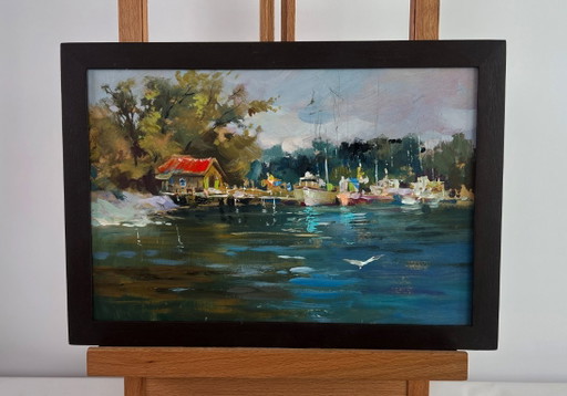 Original Oil Painting Summer River Landscape Small yacht club
