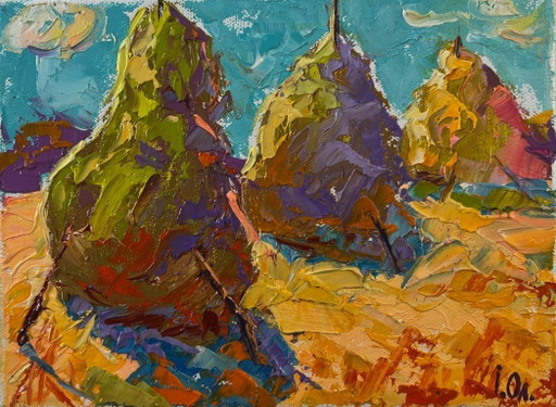 Original Oil Painting Summer Day Landscape Haystacks In A Field