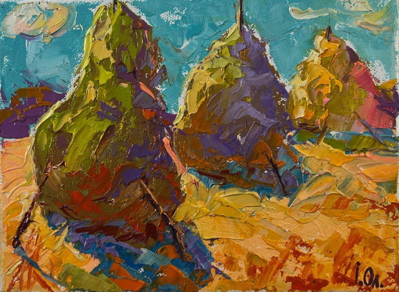 Image 1 of Original Oil Painting Summer Day Landscape Haystacks In A Field