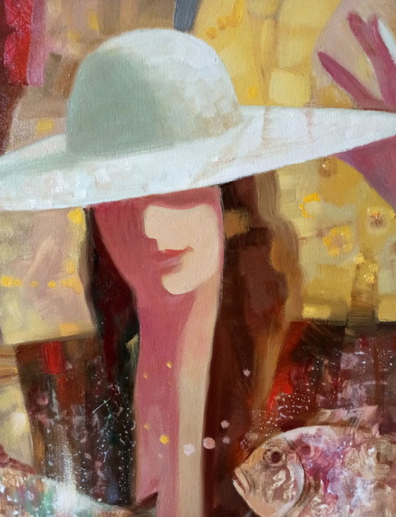 Origineel olieverfschilderij, abstract figuratief meisje, surrealisme, zwevende vis (photo 8 of 10)