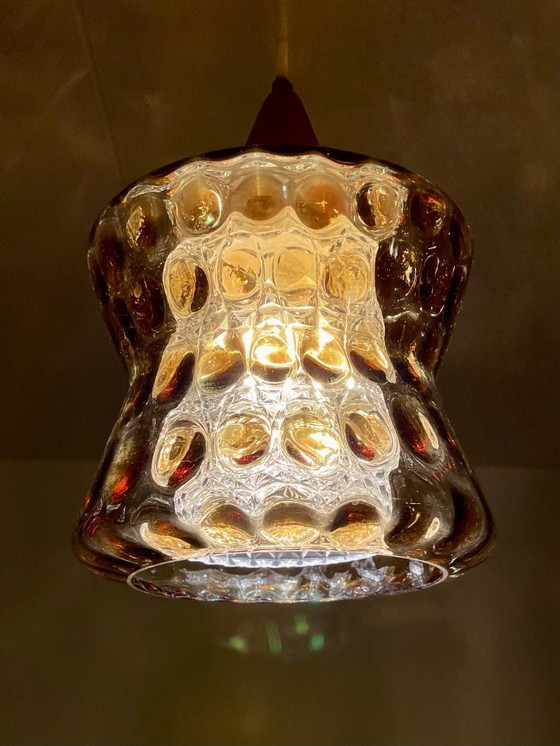 Image 1 of Orrefors by Carl Fagerlund, 1960s, Cozy Mid-Century Scandinavian Pendant in Amber Glass & Teak 