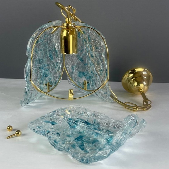 Image 1 of 1990s Murano glass pendant light three leaves with blue glass shards. New old stock. Never used.