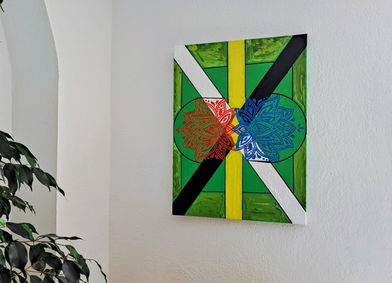 Image 1 of Enzo San Marco - Essentiële kleuren op een groene achtergrond - Schilderij van de kunstenaar