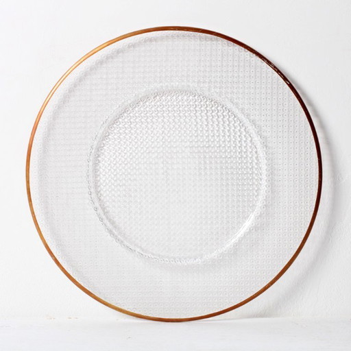 Plato grande de cristal vintage, bandeja de cristal con diseño y borde de bronce / Corso L Italia / década de 1970