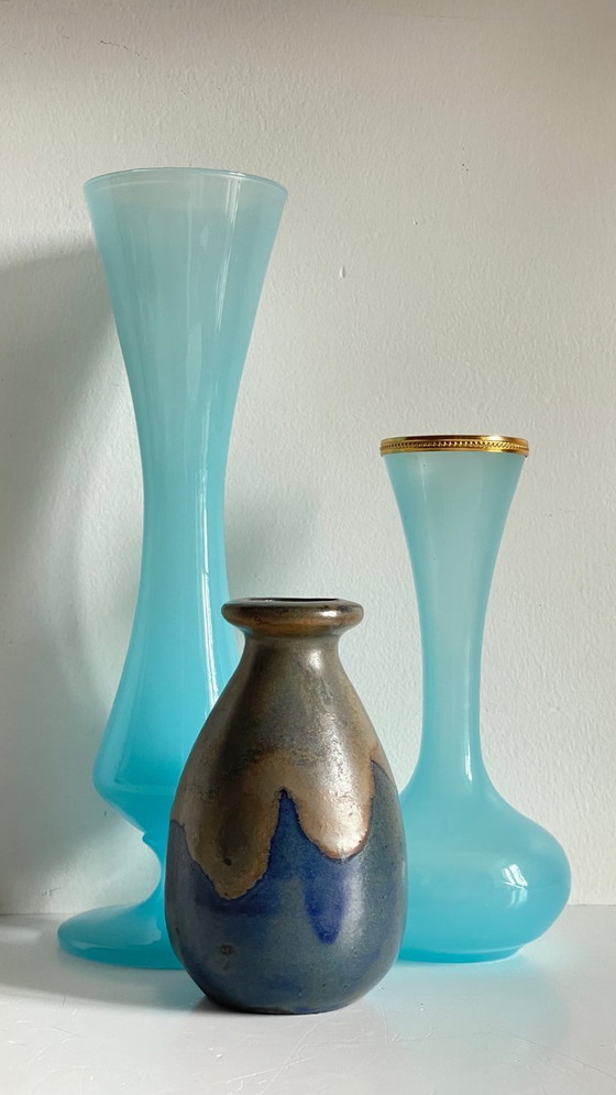 Image 1 of 3 Vintage Ocean Blue Stoneware and Opaline Glass Vases