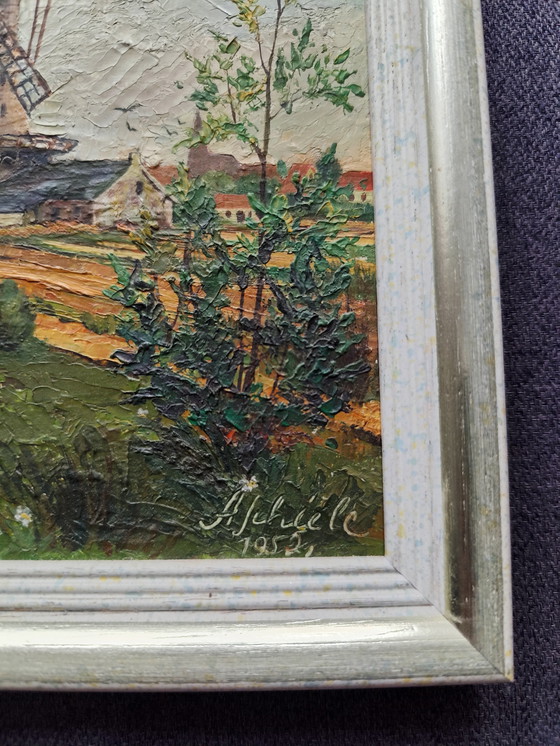 Image 1 of Olieverfschilderij "Windmolen in landschap" gesigneerd A. Schiele 1952, 27,5 x 27,5 cm Kunst