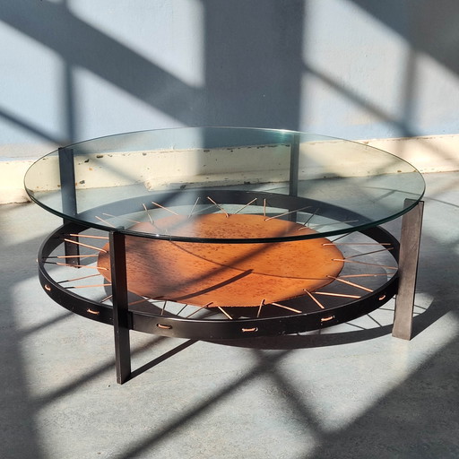 Vintage Dutch Design Coffee Table Glass Leather Metal