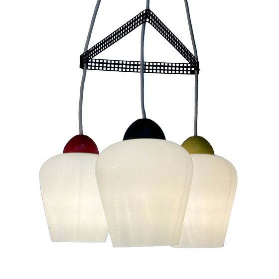 Image 1 of Vintage 50’s MCM Hanging pendant - Frosted / semi translucent white glass and multi color top - Attr. Louis Kalff / Phillips - s