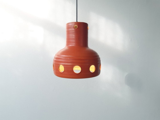 Image 1 of Oranje keramieken Mobach hanglamp, west germany fat lava stijl, vintage aardewerken oranje lamp