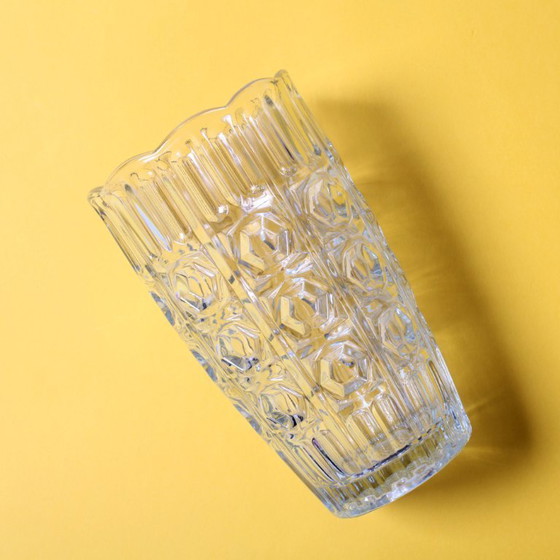 Image 1 of Mid-century Vintage Solid Heavy Clear Hand Pressed Glass Flower Vase / Fidenza / Italy / 1960s