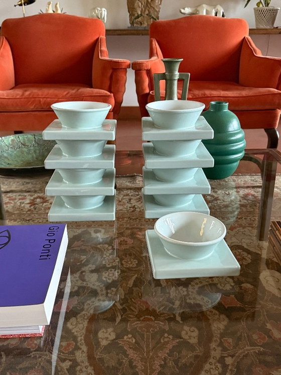 Image 1 of Set van 9 lichtblauwe keramische kommen, I + I Italië, jaren 70.