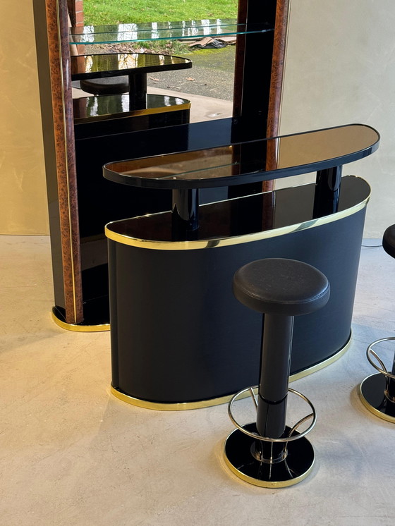 Image 1 of Midcentury Black Lacquered and Burlwood Cocktail Bar