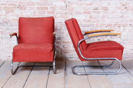 Pair of Bauhaus Armchairs, by M. Breuer, for Mücke-Melder, Chrome, Czech, 1930s – Textile, Wood (photo 5 of 11)