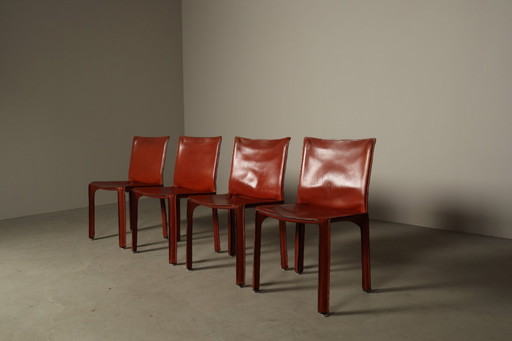 Set of Four CAB 412 Chairs by Mario Bellini, Red Saddle Leather, Italy