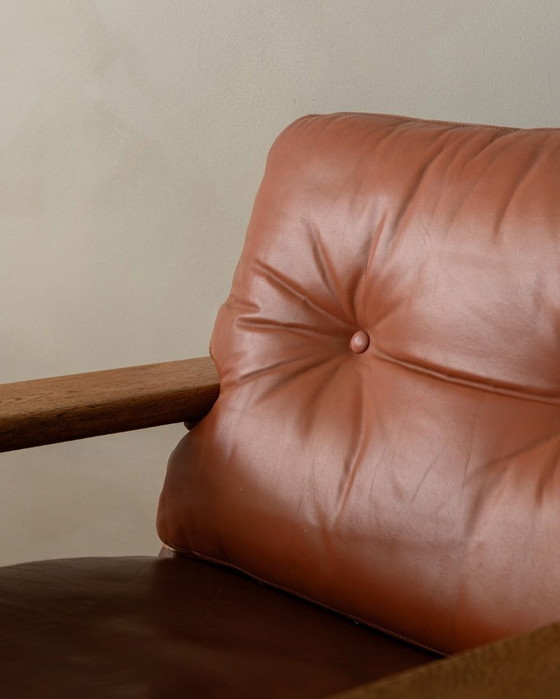 Image 1 of Poltrona lounge vintage Bonanza di Esko Pajamies per Asko, in rovere finlandese e pelle color cognac, anni '60.