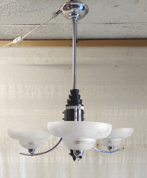 Lustre 3 feux Art-Déco en métal, bois et verre - mid.XXeme