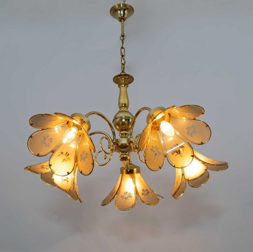 Lustre italien moderne du milieu du siècle en verre et laiton, années 1960