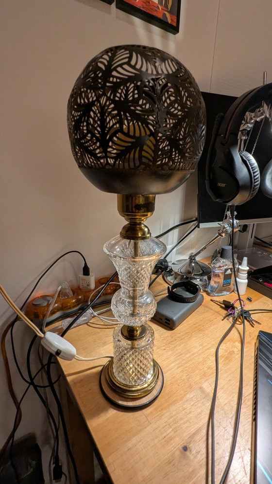 Metal and Glass Table Lamp with Cut-Out Shade, Gold, Vintage (photo 5 of 7)