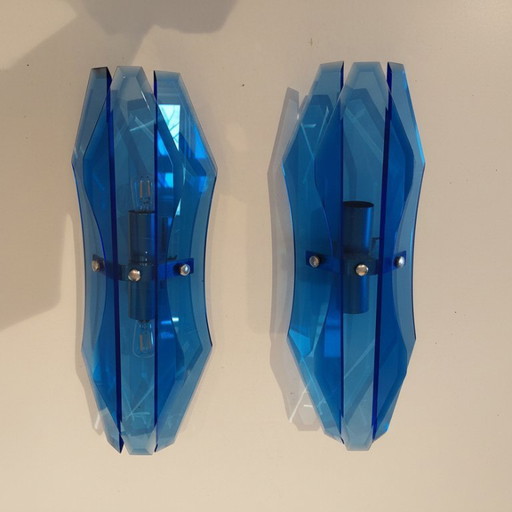 Set van 2 blauwe glazen wandlampen in Italiaanse mid-century stijl van Veca