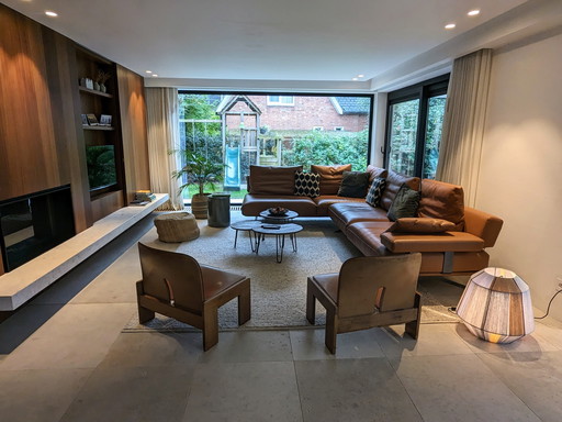 Canapé d'angle en cuir véritable, couleur cognac