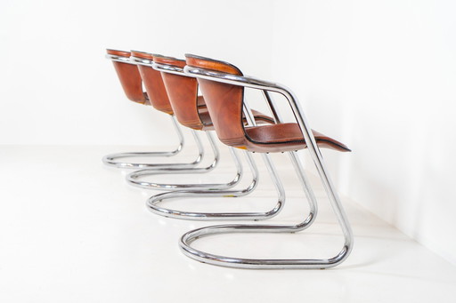 Set Of 4 Rare Leather Dining Chairs By Willy Rizzo For Metaform (The Netherlands, 1970S).