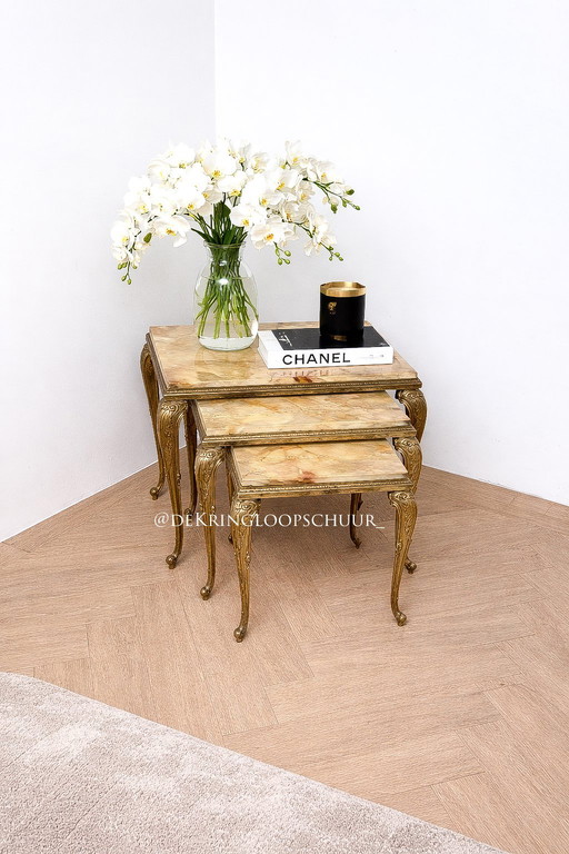 Vintage marble onyx brass nesting box, three side tables