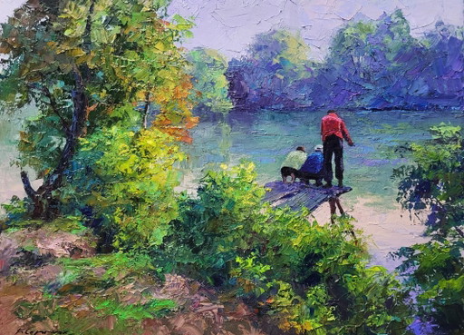 Origineel olieverfschilderij: Natuurlandschap, bos, rivier, ochtendvissen