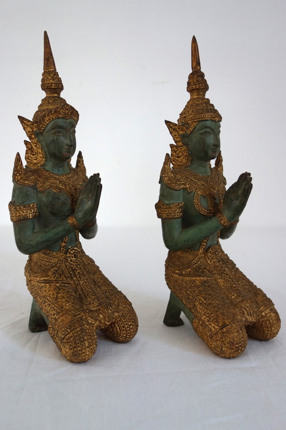 Image 1 of Couple de Statues Thephanom en Bronze Doré, Thaïlande, Années 40