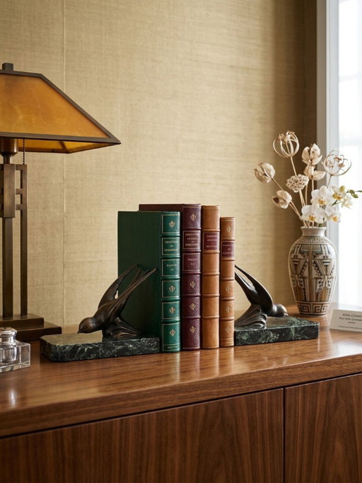 Een paar art-deco boekensteunen – zwaluwen van gepatineerd zink op groene marmeren voetstukken.