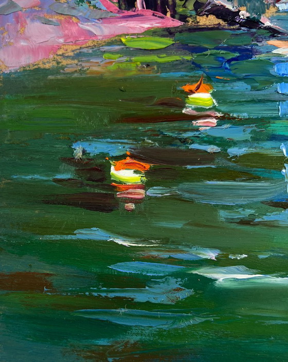 Image 1 of Original Oil Painting Coastal Waves Landscape City river in summer