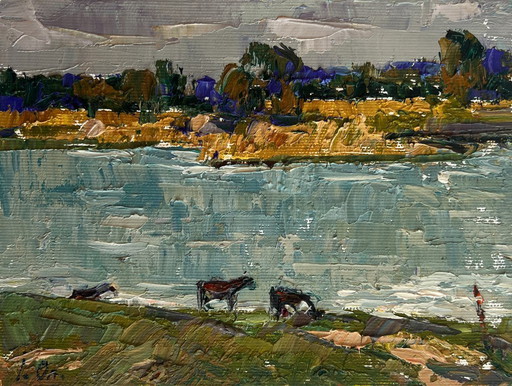Pintura al óleo original Paisaje sombrío del río En el abrevadero