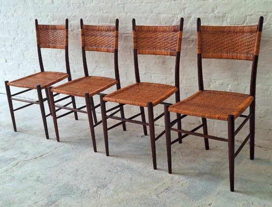 Image 1 of Set of 4 Teak Dining Chairs with Patinated Cane Seats and Backs after Gio Ponti, Italy 1950s