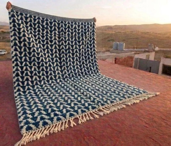 Alfombra bereber marroquí azul y crudo 300x200 cm – patrón geométrico – Lana, Algodón, Bohemian (photo 3 of 9)