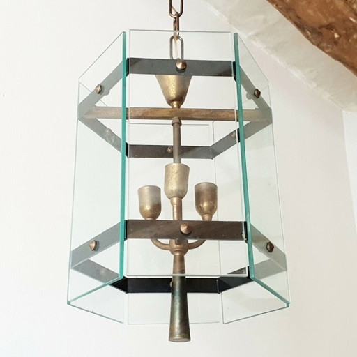 Vintage hanglamp uit de jaren 50 van glas en messing in rockabilly-stijl