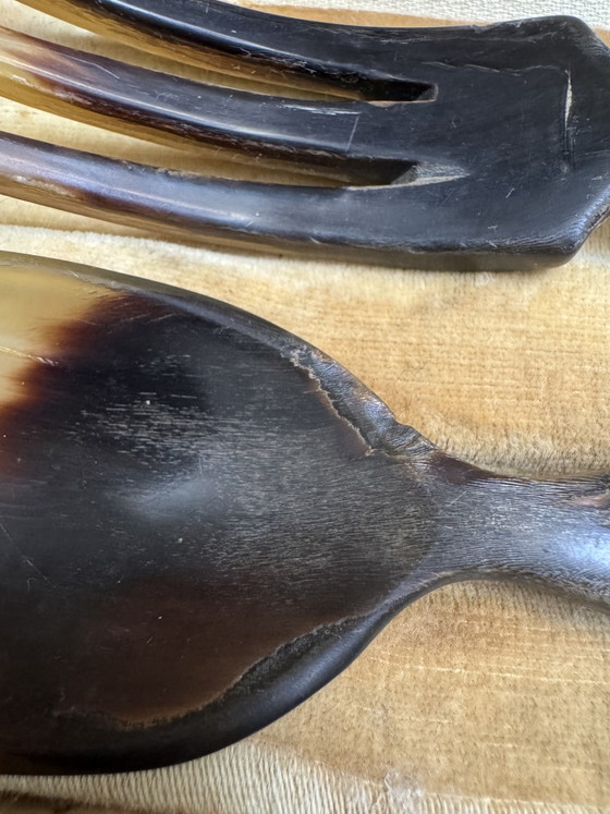 Image 1 of Vintage Horn Salad Servers with Bakelite Handles - Mid-Century Modern Design - Original Presentation Box - 1950s Style Tableware