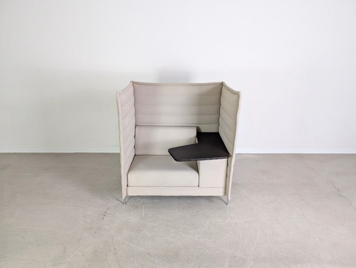 3x Originele Vitra Alcove fauteuil met hoge rugleuning, grijsbeige, kantoorbank