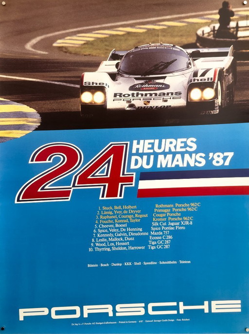 🏁 Originales Vintage-Poster / Plakat zum 24-Stunden-Rennen von Le Mans mit Porsche aus dem Jahr 1987 – XL 76 × 102 cm