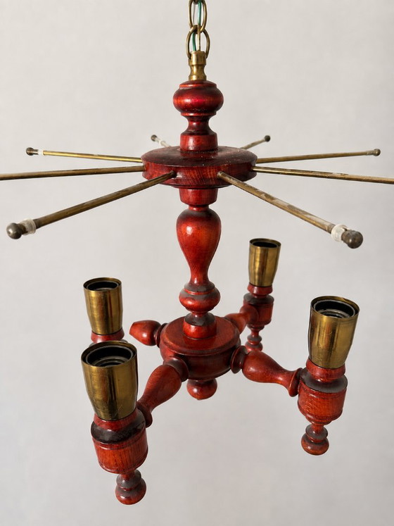 Vintage Czechoslovak Chandelier, 1970s Mid Century Wood & Smoked Floral Glass Ceiling Light, 5 Light Retro (photo 6 of 7)