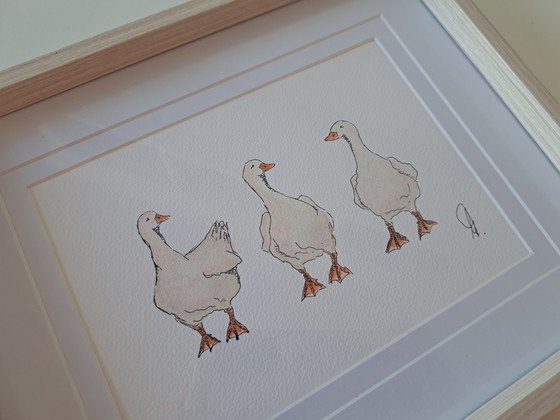Image 1 of Watercolor painting Three Geese, original including frame