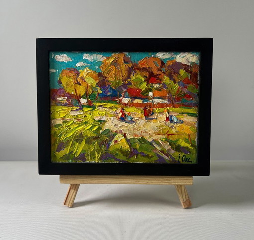 Original Oil Painting Summer Village Landscape On The Pasture Silence