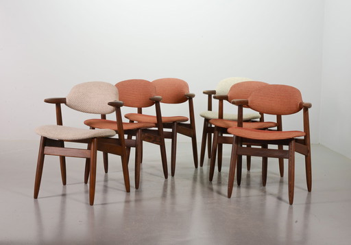 Authentic Cowhorn Tijsseling Dining Chairs with the Original Fabric Upholstery by Hulmefa. Set of 6. The Netherlands, 1960s.